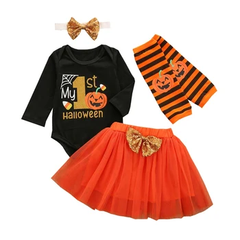 Bērnu Halloween Kostīmu Zēns Meitene Apģērbs Ķirbju Tutu Kleita Romper Bodysuit Jumpsuit Galvu Toddler 4gab Komplekts