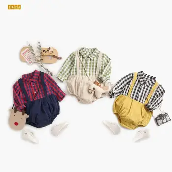 Bērnu apģērbu pleds krekls izšūšanas zēns viengabala bērnu romper bērnu drēbes pavasara un rudens jumpsuit atloks, jaundzimušo apģērbi