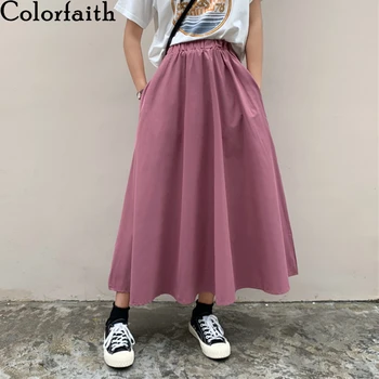 Colorfaith ir 2021. Sieviešu Svārki Pavasara Vasaras Vintage Augsts Viduklis Kabatas Elegants-Line korejiešu Stilā, Nieru Dāma Gari Svārki SK6005