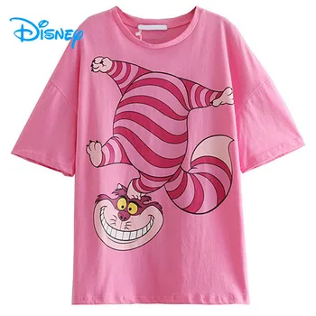 Disney T-Krekls Sievietēm Kokvilnas Alice in Wonderland Cheshire Cat Karikatūra T Krekls Sievietēm Vintage Vasaras Gadījuma Brīvs t-veida Topi, O-veida Kakla