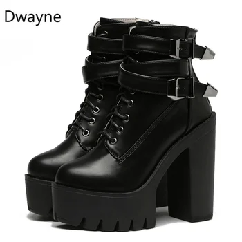 Dwayne 2019 Rudens Modes Sieviešu Zābaki 13cm Super Augstiem Papēžiem Platforma Sprādzes Mežģīnes Up Ādas Īsi Zābaciņi Dāmas Vienotā Zābaki