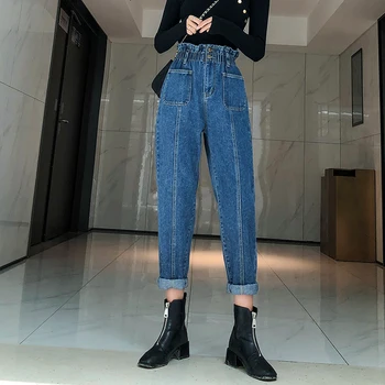 Džinsi Sieviete 2020. Gadam Pavasara Vintage Augsta Vidukļa Harēma Biksēm Elastīgs Viduklis Kabatas Vaļīgas Bikses Streetwear
