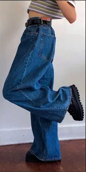 Džinsi Sieviete Augstas Starām. Zilā Plaša Kāju Bikses High Street Brīvs Stils Pilna Garuma Džinsa Elsas Modes Balināts Vintage Bikses