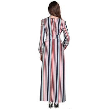 Eiropas Pavasara Rudens Garas Svītras Kleita Ar Vērtnes Sieviešu Maxi O-veida Kakla Gadījuma Kleitas Plus Izmēru Print Apģērbu OLA Dāma