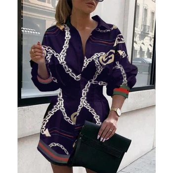 Elegants Luksusa Ķēdes Drukāt Krekls, Kleita Sievietēm Ar Garām Piedurknēm Slim V-Veida Kakla Seksīga Mini Kleita 2020. Gada Rudenī Jaunā Modes Puse Kleita Drēbes