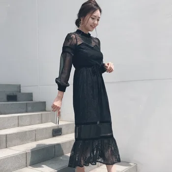 Elegants mežģīņu sievietes gara kleita korejas janpanese stila 2020. gada vasaras augsta vidukļa līnija, maxi kleitas, drēbes femme vestiods biroja dāma