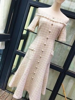 Elegants sieviešu augstas kvalitātes pleds tvīda kleita 2019 rudens elegants off-plecu kleita A575
