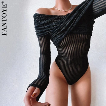 Fantoye Sexy Off-plecu Redzēt Cauri Bodycon Bodysuit Sievietēm, Melns ar garām Piedurknēm Ķermeņa Topi Gadījuma Caurspīdīga Elastīga Jumpsuit
