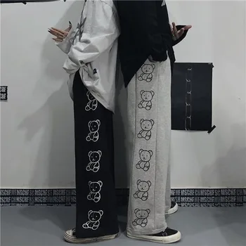 HOUZHOU korejiešu Stilā, Bikses Ziemas Modes Drukāt Plaša Kāju Bikses Vaļīgas Gadījuma Plus Samta Bikses Streetwear Treniņbikses Sievietēm