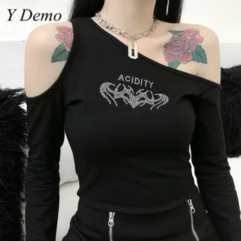 Harajuku Rock Sieviešu Asimetrisks Colllar T-krekls ar garām Piedurknēm Slim Sieviešu Sexy Dimantu Tee