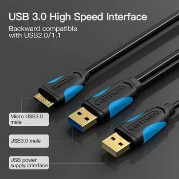 Intervences Mikro USB 3.0 Dual USB Ar Barošanas Kabeli, Vīriešu, Vīriešu, Super Ātrums 5Gbps Data Sync USB Kabelis HD Samsung Tālruni
