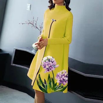 Ir 2021. Pavasara Pusi Augstu Uzrullētu Apkakli Puloveri Puse Kleita Sievietēm Vintage Ziedu Drukāt Elegants Rudens Kleita Gadījuma Zaudēt-Line Midi Kleita