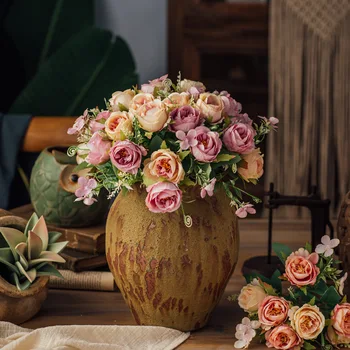 JAROWN 7 Galvas Mākslīgo Rožu Ziedu Pušķis, Kāzu Zīda Ziedu Tējas Pumpuru DIY Materiāls Ziedu Dzīvojamā Istaba Mājas Apdare Flores