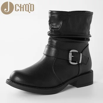 JCHQD Modes Eiropas Stila Black Potītes Zābaki Dzīvokļi Kārta Kājām Atpakaļ Zip Martin Zābaki PU Ādas Sieviete Kurpes Eiropas izmēri 36-41
