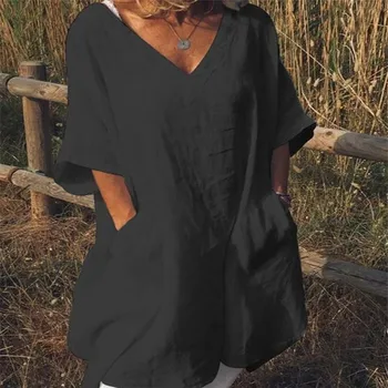 Jauno Sieviešu Modes Dāmas Boho Vasaras Sundress Zaudēt Gadījuma Pludmales Stila Krekli Cietā Blūzes Pusi Piedurknēm Garš Tops ar V-veida kakla Kokvilnas