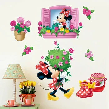 Karikatūra Disney Modes Minnie Logu Ziedi Sienas Uzlīmes Bērniem Telpām Puse Dāvanas, Mājas Dekoru, Sienas, PVC Sienas Mākslas Diy Uzlīmēm