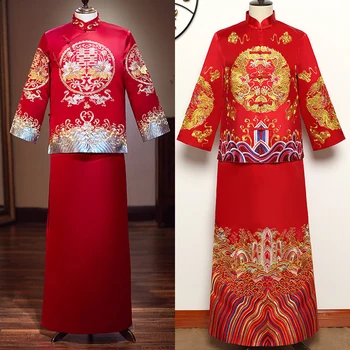 Karstā Pārdošanas Ķīniešu Tradicionālās Kāzas Gara Kleita Mantija, jauns Līgavainis Pūķa Kostīms Vintage Apģērbu Elegantu Austrumu Tang Tērpus Valkā