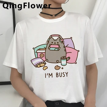 Kawaii Pusheen Kaķis Smieklīgi T Krekls Sievietēm Cute Anime Harajuku Karikatūra T-krekls Modes Ullzang 90s T Grafiskais Top Lakrosa Sieviešu