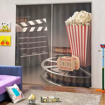 Kinoteātrī Dušas Aizkaru Ražošanas 3D Filmu Spoles Clapperboard Biļetes Popkorns un Megaphone Auduma Aizkari, pārklāji