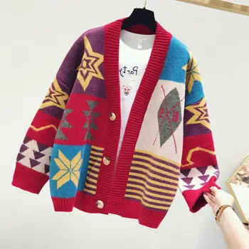 Korejas Vienu Krūtīm, Adīt Džemperis Vintage Pleds Hit Krāsu Raibs Džemperis Jaunu Koledžas Sieviešu Jaciņa Ar V Veida Kakla Garām Piedurknēm