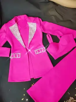 (Krūšturis+Bikses+Mētelis) 3-Gabalu Komplekts Sievietēm Dziedātāja Bārs Koncertzāli Uzvalks Rožu Violeti Kristāli Deju Apģērbs Dejotājs Sexy Kostīmu Bling