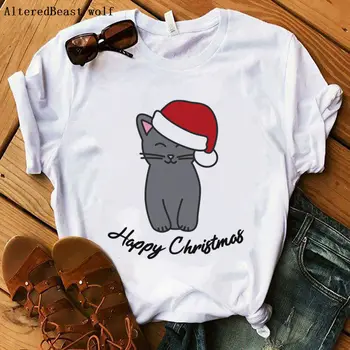 Laimīgs Ziemassvētku Cat t sievietēm karikatūra kaķis t krekls 2019 modes gudrs drukāt sieviešu topi krekls harajuku streetwear baltas drēbes