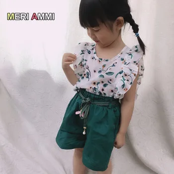 MERI lielā ammija 2 gab Apģērba Komplekts Bērniem Girl Vasaras Apģērbs Ziedu Tee +Bowknot īsās Bikses (Outwear Baby Girl