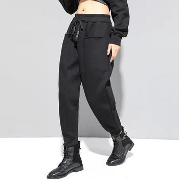 Melnā Augstu Elastīgs Viduklis Harēma Bikses Sievietēm Kabatas Aukliņu Modes 2020 Rudens Ziemas Zaudēt Gadījuma Bikses Sievietēm Streetwear