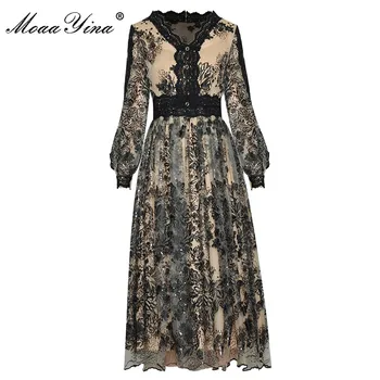 MoaaYina Modes Dizainera kleita Pavasara Sieviešu Kleita ar V-veida kakla ar garām piedurknēm Acs Vizuļi Izšuvumi Kleitas