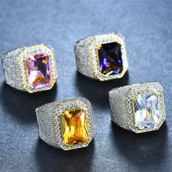 Modes Liels Vīriešu Purpura Dzeltena Ģeometriskā Ring Crystal White Zircon Akmens Saderināšanās Gredzenu 18KT Zelta Liela Kāzu Gredzeni Vīriešiem