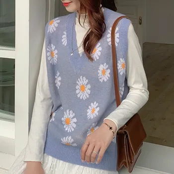 Modes Sieviešu Džemperis Salds Daisy Drukāt Zaudēt Korejas Adīti Džemperi Rudenī 2020. Gadam Sieviešu Apģērbs Džemperi, Vestes Jaciņa Trikotāža