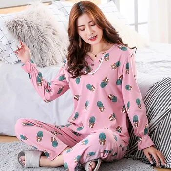 Pavasara kaktuss drukāt pidžamas komplekts long-sleeve sieviešu, mājas drēbes, sieviešu trikotāžas-adītas kokvilnas sleepwear mežģīnes pijamas mujer M-3XL