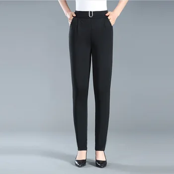 Plus lieluma augstās jostasvietas bikses sieviešu black vērtnes elastīgs viduklis elegants kabatas komfortu bikses dāmas biroja bikses drēbes vasarā