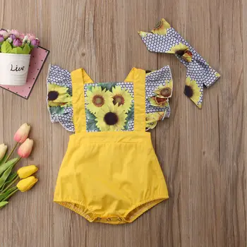Pudcoco Meitene Jumpsuit 0-12M Jaundzimušā bērna Baby Girl Saulespuķu Romper Galvu Apģērbs, Apģērbu Komplekts