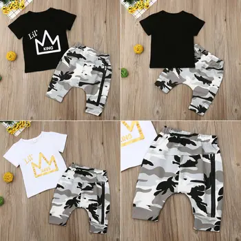 Pudcoco Vasaras Toddler Puiku Drēbes Vainagu Print T-Krekls Topi Camo Bikses 2gab Kokvilnas Apģērbs Vasaras Apģērbs