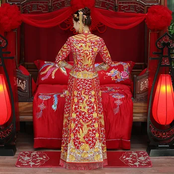 Pūķis kleita līgava kāzu kleita ķīniešu stilā kostīmu Phoenix cheongsam vakara kleita parādīt apģērbu slim Stila Kāzu