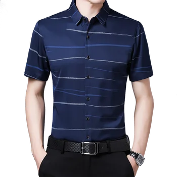 RROWON 2020. gada Vasaras Kleita Krekli Vīriešu Plānas Īsās Piedurknes Svītrainām Iespiesti pretgrumbu Krekls Modes Smart Casual Slim Vīriešu Krekli