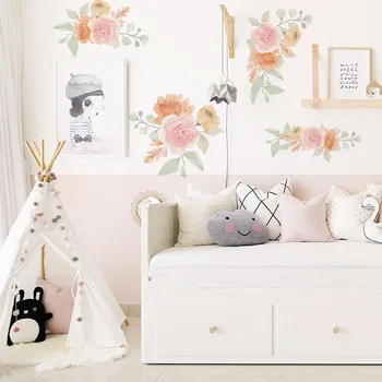 Roku apgleznoti ūdens krāsu ziedi, sienas uzlīmes, guļamistaba meitene istabu, mājas apdare, dzīvojamā istaba fona sienas uzlīmes tapetes
