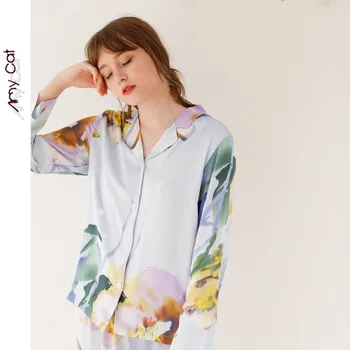 Rudens 2019 Satīna garām Piedurknēm Gadījuma Pidžamu Sievietēm Jūras Noslēpums Svītru Drukāšanas Sleepwear Viskoze Sexy Miega Mājas Drēbes
