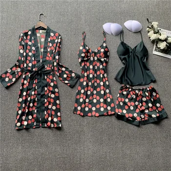 Seksīgas Pidžamas Intīmas Apakšveļa Sleepwear Satīns Print 4GAB Miega Uzstādīt Sieviešu Peldmētelis Kimono Kleita Gadījuma Naktsveļu Pidžamas Uzvalks