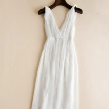 Sieviete Vasaras Pludmales Kleita Zīda Balta Gara kleita ar V-veida kakla Modes Stila Augstas Kvalitātes Apģērbu, Bezmaksas Piegāde KARSTĀ Pārdošanas