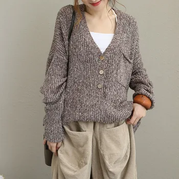 Sieviešu Ikdienas Zaudēt Slinks Džemperis tīrtoņa Krāsu Japānas Stila Ikdienas Adīt Džemperi Vintage V-veida kakla OLA Džemperi Streetwear Sieviešu Topi