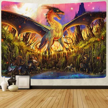Simsant Fantāziju Pasaulē, Meža Gobelēns Karikatūra Viduslaiku Red Dragon Art Sienas Karājas Gobelēni par dzīvojamo Istabu Mājas Dekoru
