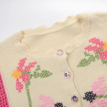 Skrejceļa Modes Cross Stitch Ziedu Izšuvumi Jaka Džemperis Sievietēm Vienotā Krūtīm, Sieviešu Mētelis O-Veida Kakla Adīt Top Pull Femme