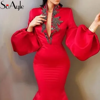 SoAyle Sirēna 2019 vakarkleitas ar garām Piedurknēm Frēzēšana Balles Kleitas, Sievietēm, Satīns Red Ilgi Formālās Kleitas Elsojošs Vintage Dres