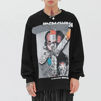 Streetwear Garām Piedurknēm T-Krekls Vīriešiem Sadalīti Attēlu Drukas Hip Hop T Krekls Rudens Harajuku Kokvilnas Lielgabarīta T Krekls