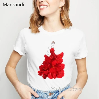 T krekls sievietēm, sarkanas rozes svārki ziedu drukāt meitene ir t-krekls drēbes 2019 vogue t krekls femme harajuku summmer topi ziedu tshirt