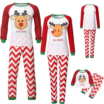 TUONXYE Ģimenes Atbilstošas Ziemassvētku Viļņotu svītru Briežu Pidžamas Komplekti Vecāku un bērnu Apģērbs, Ziemassvētki Bērniem, Homewear jaungada Tērpiem