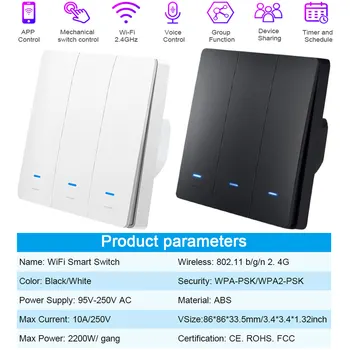 Tuya WiFi Smart Switch 86 ES Gaismas Slēdzi Darbu ar Alexa, Google Home 1 2 3 banda 2200W Sienas Slēdzi Balss Vadības Smart Dzīves APP