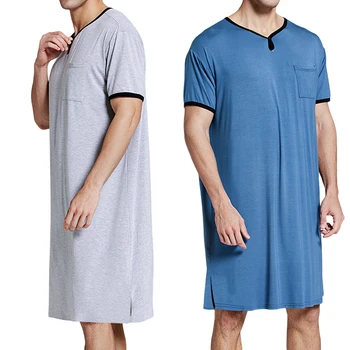 Vīrieši Ilgi Guļ Pidžamā Krekls Ar V-Apkakli, Īsām Piedurknēm Zaudēt Cieto Apkakli, Krūšu Kabatām Elpojošs Pulovers Sleepwear